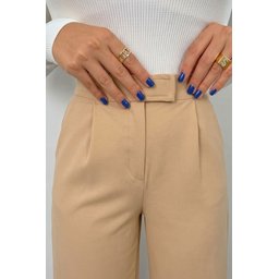 بنطلون بالازو نسائي MTLCB110 بخصر عالٍ بيج بجيوب وإغلاق لاصق Women's High-Waist Beige Palazzo Trousers MTLCB110 with Pockets and Hook-and-Loop Closure