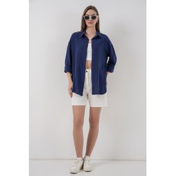 قميص نسائي أوفرسايز فيسكوز 3785 - كحلي Women's Oversize Viscose Shirt 3785 - Navy Blue