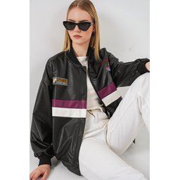 جاكيت بومبر 0698 من الجلد الصناعي المطبوع - أسود / بنفسجي 0698 Printed Faux Leather Bomber Jacket - Black / Purple
