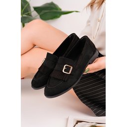 حذاء لوفر نسائي MUGGO TUFT أسود شمواه بتوكة ذهبية وشرابة MUGGO TUFT Black Suede Women's Loafer Shoes with Gold Buckle & Tassel