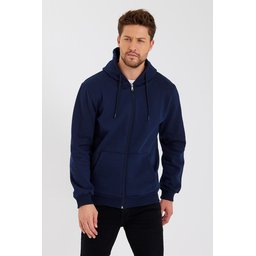 METALIC سترة رجالية بغطاء رأس وسحاب، جيب كنغر، مبطنة بالقطن - كحلي METALIC Men's Navy Hooded Zipper Cardigan with Kangaroo Pocket, Cotton Lined