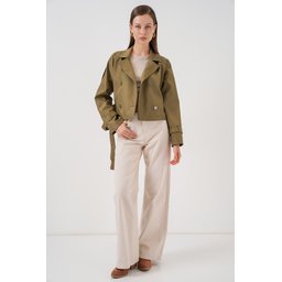 جاكيت ترنش نسائي قصير بحزام 5970 - كاكي Women's Belted Short Trench Coat 5970 - Khaki