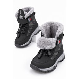حذاء ثلج للأطفال Muggo TUNDY للجنسين مبطن بالفرو مع فيلكرو وأربطة - أسود Muggo TUNDY Unisex Kids' Fur-Lined Snow Boot with Hook-and-Loop and Laces - Black