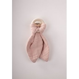 عضاضة أسنان من قماش الموسلين والخشب الطبيعي - وردي بودرة Muslin Fabric and Natural Wood Teether - Powder Pink