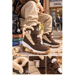 حذاء ثلج أطفال Muggo TUNDY للجنسين مبطن بالفرو مع فيلكرو ورباط - بني Muggo TUNDY Unisex Kids' Fur-Lined Snow Boot with Hook-and-Loop and Laces - Brown