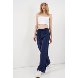 بنطلون نسائي بخصر عالٍ وأرجل واسعة 30097 - كحلي Women's High-Waist Wide-Leg Trousers 30097 - Navy Blue