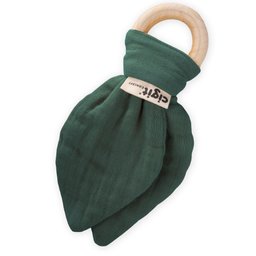 عضاضة أسنان من قماش الموسلين والخشب الطبيعي للأطفال - أخضر فاتح Muslin Fabric and Natural Wood Teether for Babies - Light Green