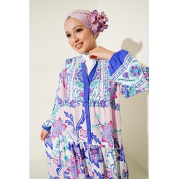 فستان محتشم بنقشة أصيلة 2423 - كحلي داكن 2423 Authentic Patterned Modest Dress - Dark Navy