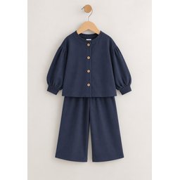 طقم أطفال موسمي خفيف بياقة بالون كارديجان - كحلي (2-8 سنوات) Kids' Balloon Sleeve Cardigan Thin Seasonal Set - Navy (2-8 Years)