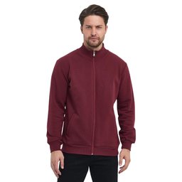 جاكيت رجالي بورجوندي بسحاب وياقة قائمة وجيوب جانبية مبطن بالقطن Men's Burgundy Cotton-Lined Zippered Stand-Collar Cardigan with Side Pockets
