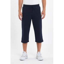 شورت برمودا رجالي كابري كحلي بجيوب وسحاب، طول الركبة، خصر مطاطي قابل للتعديل Men's Navy Bermuda Capri Shorts with Zipper Pockets, Knee-Length, Adjustable Elastic Waist