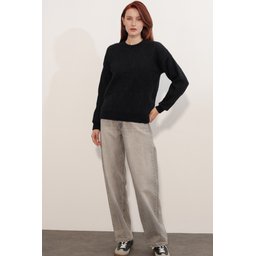 كنزة نسائية بنمط واسع (Oversize) بنقشة - أسود 15970 Women's Patterned Oversize Sweater - Black 15970