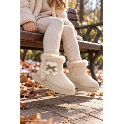 Muggo TOFFE حذاء بوت شتوي بناتي مبطن بالفرو مع فيونكة - بيج Muggo TOFFE Girls' Winter Fur-Lined Boots with Bow Detail - Beige