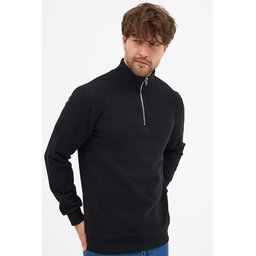 سويتشيرت رجالي أسود بياقة قائمة ونصف سحاب، قصة عادية من القطن المخلوط Men's Black Standard Fit Cotton Blend Half-Zip Stand-Up Collar Sweatshirt