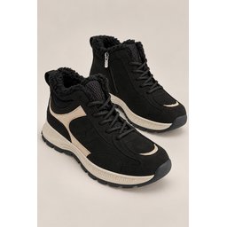 Muggo NORTEX حذاء سنيكرز نسائي شتوي بفرو وسحاب ونعل سميك - أسود Muggo NORTEX Women's Fur-Lined Zipper Thick Sole Lace-Up Winter Sneaker Boots - Black
