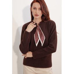 كنزة نسائية فضفاضة بتفاصيل وشاح 15971 - بني Women's Oversize Scarf Detail Sweater 15971 - Brown