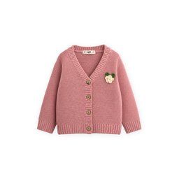 V Yaka Links سترة كارديجان بناتي بياقة V بنقشة ورود - وردي V Yaka Links Girls' V-Neck Cardigan with Rose Pattern - Pink