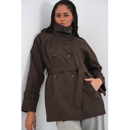 ترنشكوت نسائي قصير بياقة متقاطعة 5980 - بني Women's Crossover Collar Short Trench Coat 5980 - Brown