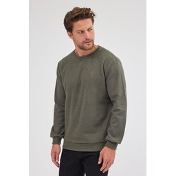 سويتشيرت رجالي بيسك بياقة دائرية، قصة عادية، قطن، لون كاكي Men's Khaki Standard Fit Regular Cut Cotton Basic Crew Neck Sweatshirt
