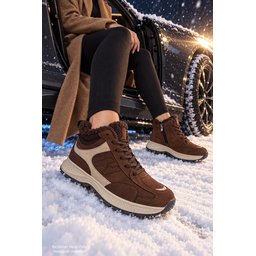 حذاء سنيكرز نسائي شتوي Muggo NORTEX فرو بسحاب ونعل سميك - بني Muggo NORTEX Fur Lined Zipper Thick Sole Lace-up Winter Women's Sneaker Boots - Brown
