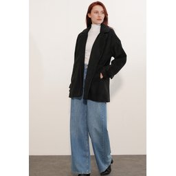 9143 معطف نسائي أسود بياقة متقاطعة من الكاشيه 9143 Women's Black Crossover Collar Cachet Coat