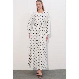 فستان نسائي طويل منسوج منقط 1525 - أبيض 1525 Women's Long Knitted Polka Dot Dress - White