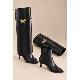بوت نسائي Muggo ELOISE بسحاب وكعب رفيع مدبب قابل للتحويل - أسود Muggo ELOISE Detachable Gaiter Buckled Zipper Pointed Toe Stiletto Heel Women's Boot - Black