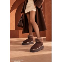 حذاء شتوي نسائي Muggo NELİS مبطن بالفرو - بني Muggo NELİS Women's Winter Ankle Boots - Brown
