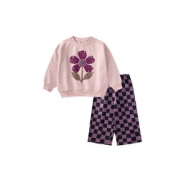 طقم سويتشيرت بناتي منقوش - وردي فاتح (2-8 سنوات) Girls' Patterned Sweatshirt Set - Powder Pink (2-8 Years)