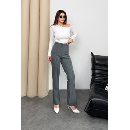 بنطلون بالازو نسائي بخصر عالٍ، مريح، مزين بأزرار وسحاب، لون فومي Women's High-Waist Buttoned Zippered Smoked Ribbed Palazzo Pants