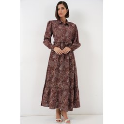 فستان نسائي محتشم بحزام 2589 - بني Women's Belted Modest Dress 2589 - Brown