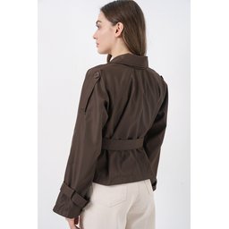 ترنشكوت نسائي قصير بحزام 5970 - بني غامق Women's Belted Short Trench Coat 5970 - Dark Brown