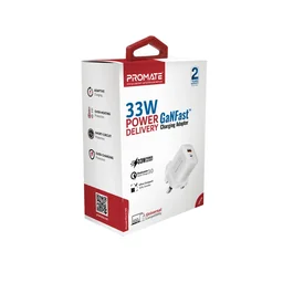 شاحن جداري بروميت باور بورت 33 بقدرة 33 واط بتقنية GaN مع منفذي تايب سي و USB-A Promate PowerPort-33 33W Power Delivery GaNFast™ Charging Adapter