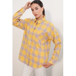 قميص نسائي 3854 كاروهات بجيبين - خردلي 3854 Women's Plaid Double Pocket Oversize Shirt - Mustard