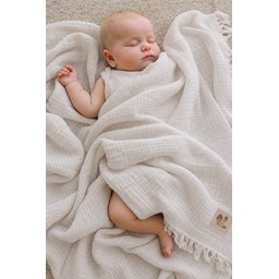 بطانية موسلين عضوية بأربع طبقات مع شراشيب 80x120 سم - لون إكرو Four-Layer Tasseled Organic Muslin Blanket 80x120 cm - Ecru