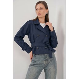 ترنشكوت نسائي قصير بحزام 5970 - كحلي Women's Belted Short Trench Coat 5970 - Navy Blue