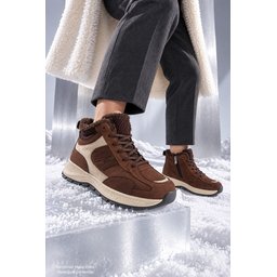 حذاء سنيكرز نسائي شتوي Muggo NORTEX فرو بسحاب ونعل سميك - بني Muggo NORTEX Fur Lined Zipper Thick Sole Lace-up Winter Women's Sneaker Boots - Brown