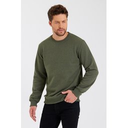 سويت شيرت رجالي بياقة دائرية وتفاصيل ملصق، مبطن بالقطن - كاكي Men's Crew Neck Cotton Lined Sweatshirt with Label Detail - Khaki