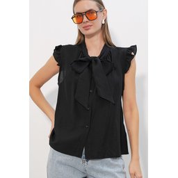 قميص نسائي بدون أكمام بربطة عنق 40038 - أسود Women's Tie-Neck Sleeveless Blouse 40038 - Black