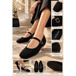Muggo FLEUR حذاء ماري جين نسائي يومي أسود بكعب مخفي ومقدمة مربعة Muggo FLEUR Women's Mary Jane Flats - Hidden Heel, Square Toe, Single Strap - Black