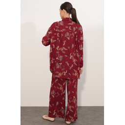 طقم نسائي قطعتين بنقشة قميص وبنطلون واسع - 30098 - خمري Women's Patterned Oversize Shirt & Pants Two-Piece Set - 30098 - Burgundy