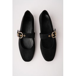 حذاء باليه نسائي Muggo HALSEY ذهبي بإبزيم جلد - أسود Muggo HALSEY Gold Buckle Leather Women's Ballet Flats - Black