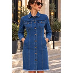 فستان جينز نسائي بأكمام طويلة 0614 - أزرق داكن Women's Long Sleeve Denim Dress 0614 - Dark Blue