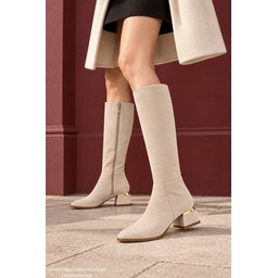 حذاء MUGGO COLLİE نسائي بكعب مدبب وسحاب جانبي - بيج سويدي MUGGO COLLİE Women's Pointed Toe Side Zipper Heeled Boots - Beige Suede