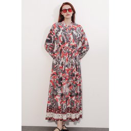 فستان نسائي طويل محتشم بنقشة 2586 - نار Women's Patterned Long Modest Dress 2586 - Nar