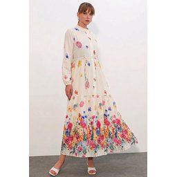 فستان نسائي طويل محتشم بنقشة 2586 - كريم Women's Patterned Long Modest Dress 2586 - Cream