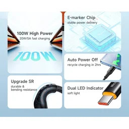 كابل Type-C to Type-C Auto-Off Cable, 100W, 1.2 متر أسود Type-C to Type-C Auto-Off Cable, 100W, 1.2m Black