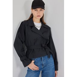 ترنشكوت نسائي قصير بحزام 5970 - أسود Women's Belted Short Trench Coat 5970 - Black