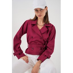 ترنشكوت نسائي قصير بحزام 5970 - خمري Women's Belted Short Trench Coat 5970 - Burgundy