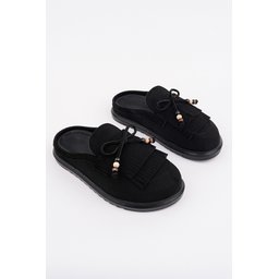 Muggo FRİNGE حذاء لوفر نسائي مريح من الجلد السويدي بتفاصيل فيونكة وشرابة - أسود Muggo FRİNGE Women's Suede Leather Bow Detail Tassel Loafer Slippers - Black